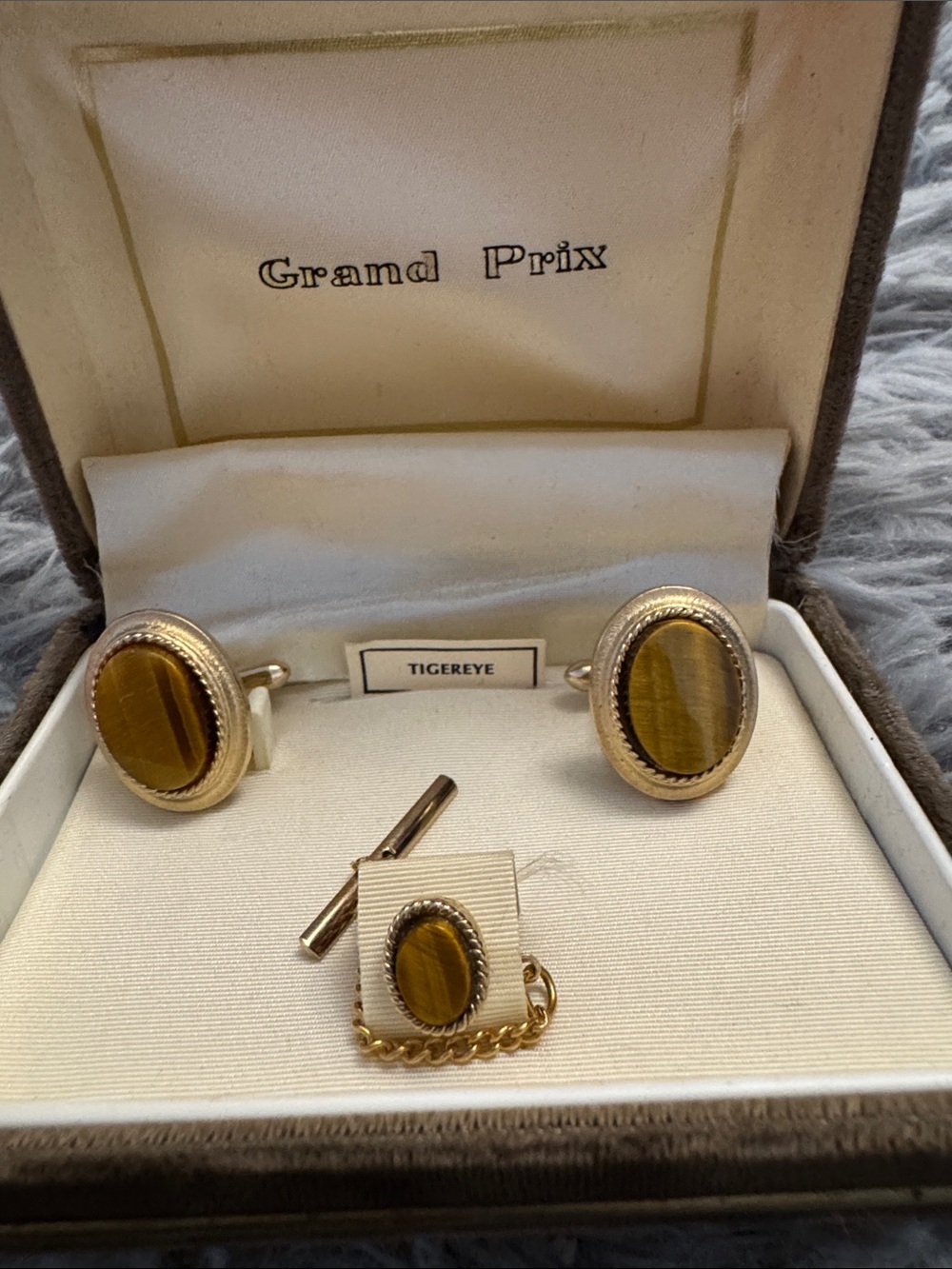 Grand Prix Gold-Tone Tiger Eye Cufflinks and Tie Bar Set in velvet box